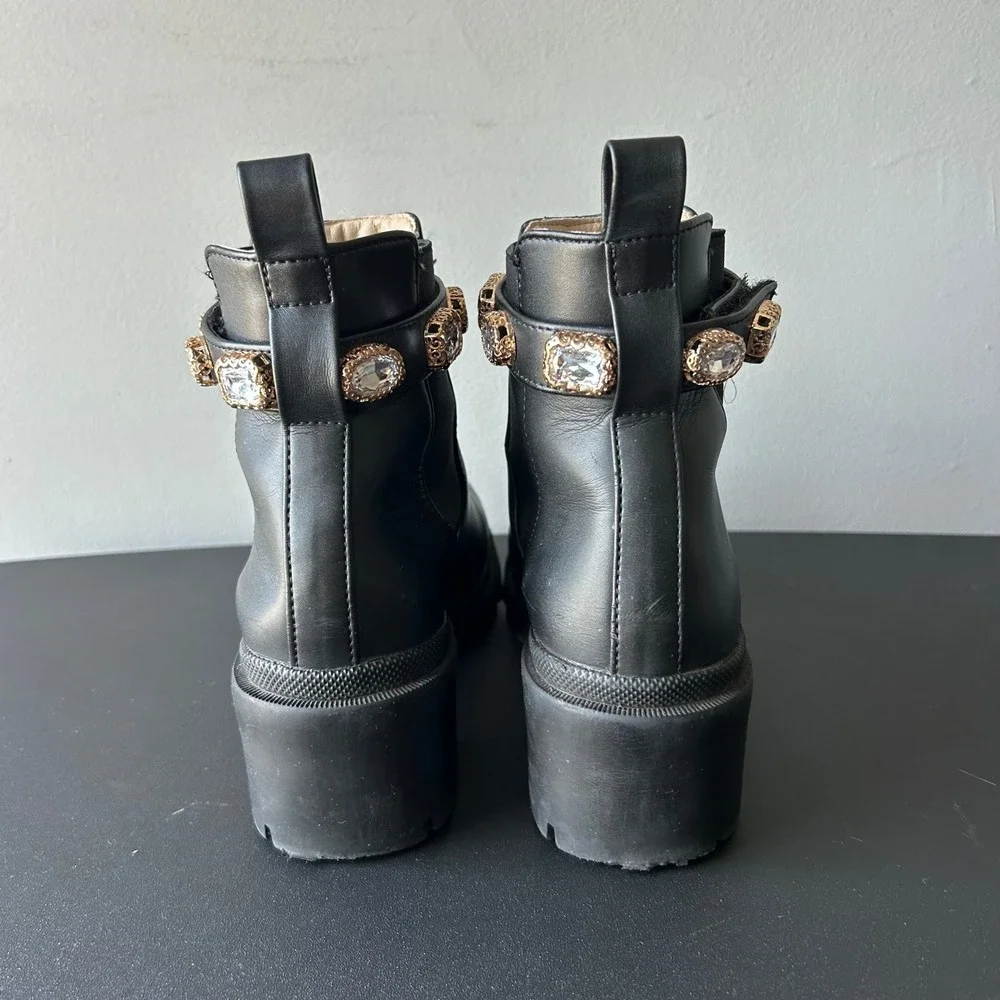 Steve Madden Amulet Black Rhinestone Embellished Lug Sole Ankle Boots AMU01S1 8M